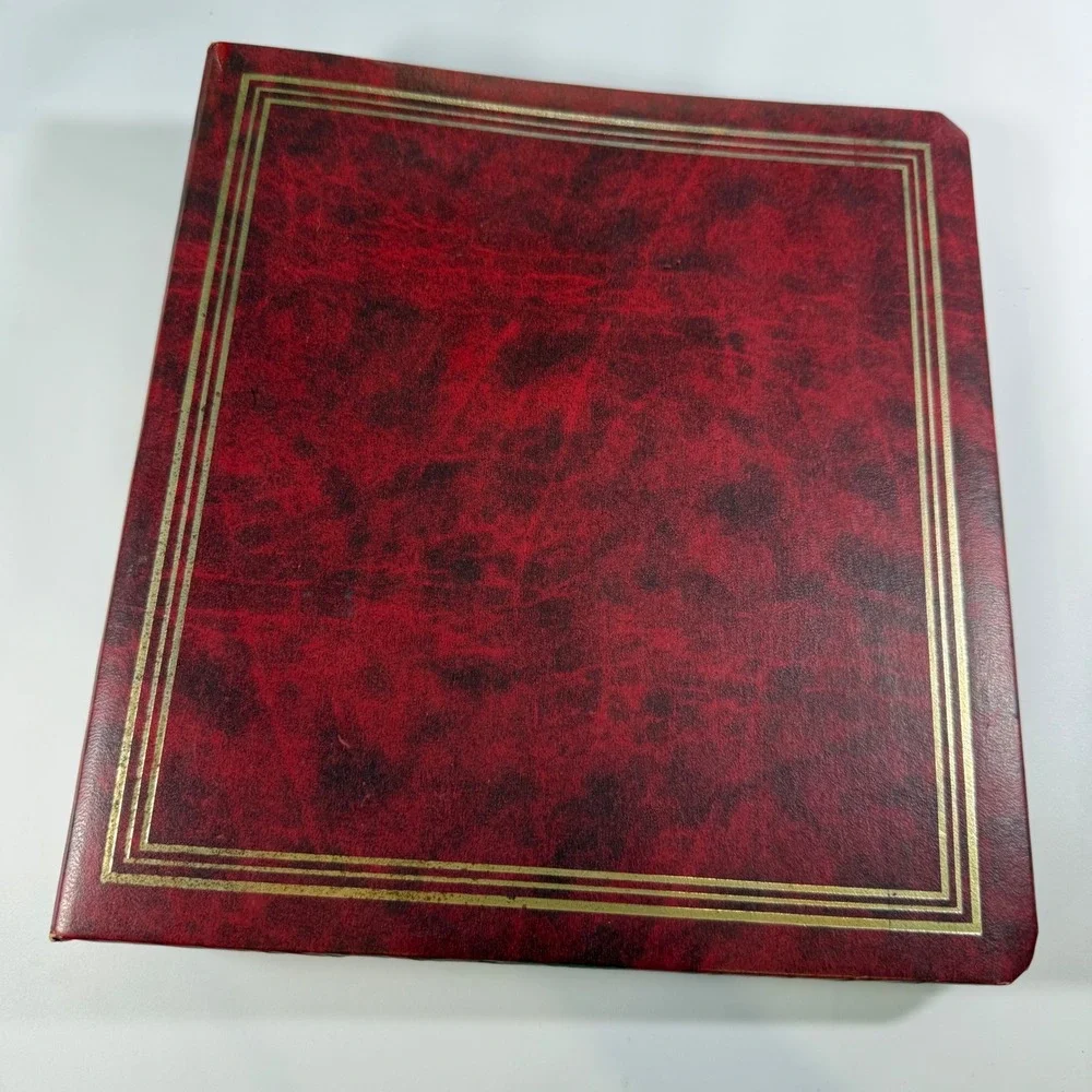 VTG Photo Album Binder 20 Pages Large Burgundy Gold Trim Faux Leather Dark Decor